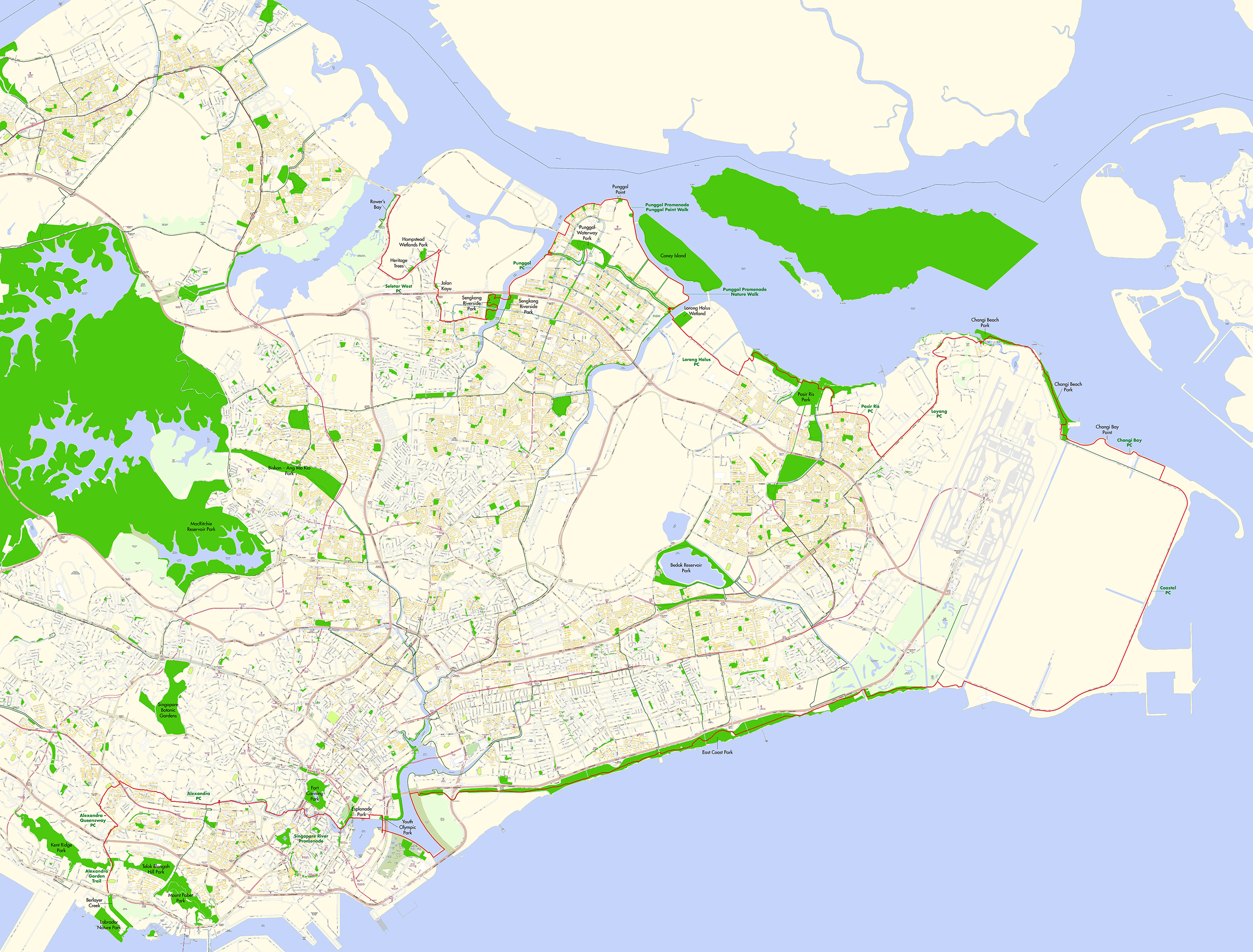 Street map of Singapore’s east coast area, showing roads, parks in green, and coastline and islands in blue.